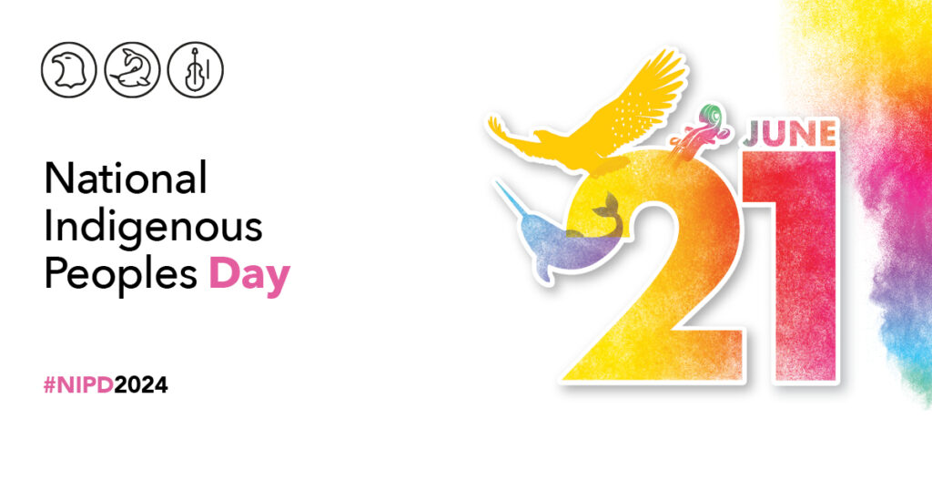 an eagle representing First Nations, a narwhal representing Inuit, and a violin representing Métis. These illustrations are placed around the sun and surrounded by multicoloured smoke that represents Indigenous traditions, spirituality, inclusion and diversity.